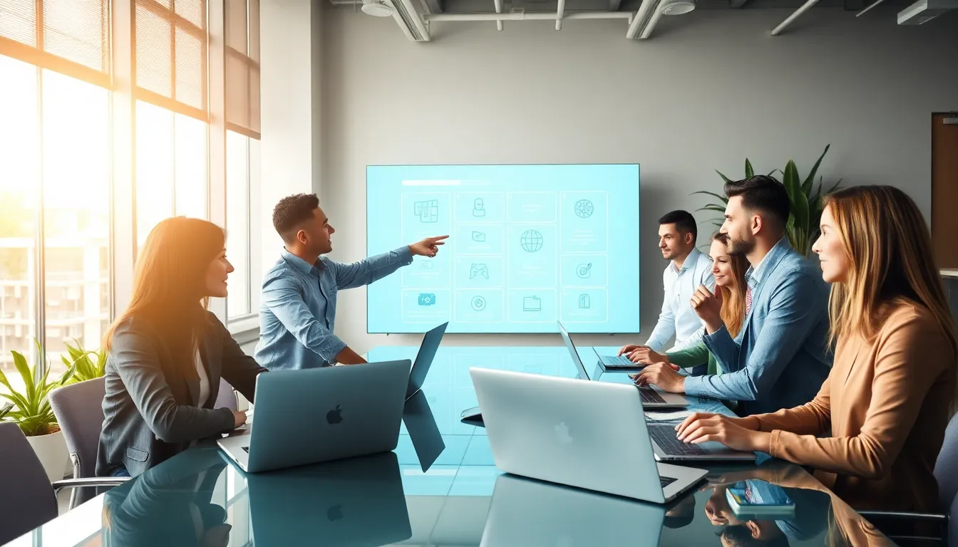 diverse team collaborating on Biszoxtall software in a modern office.