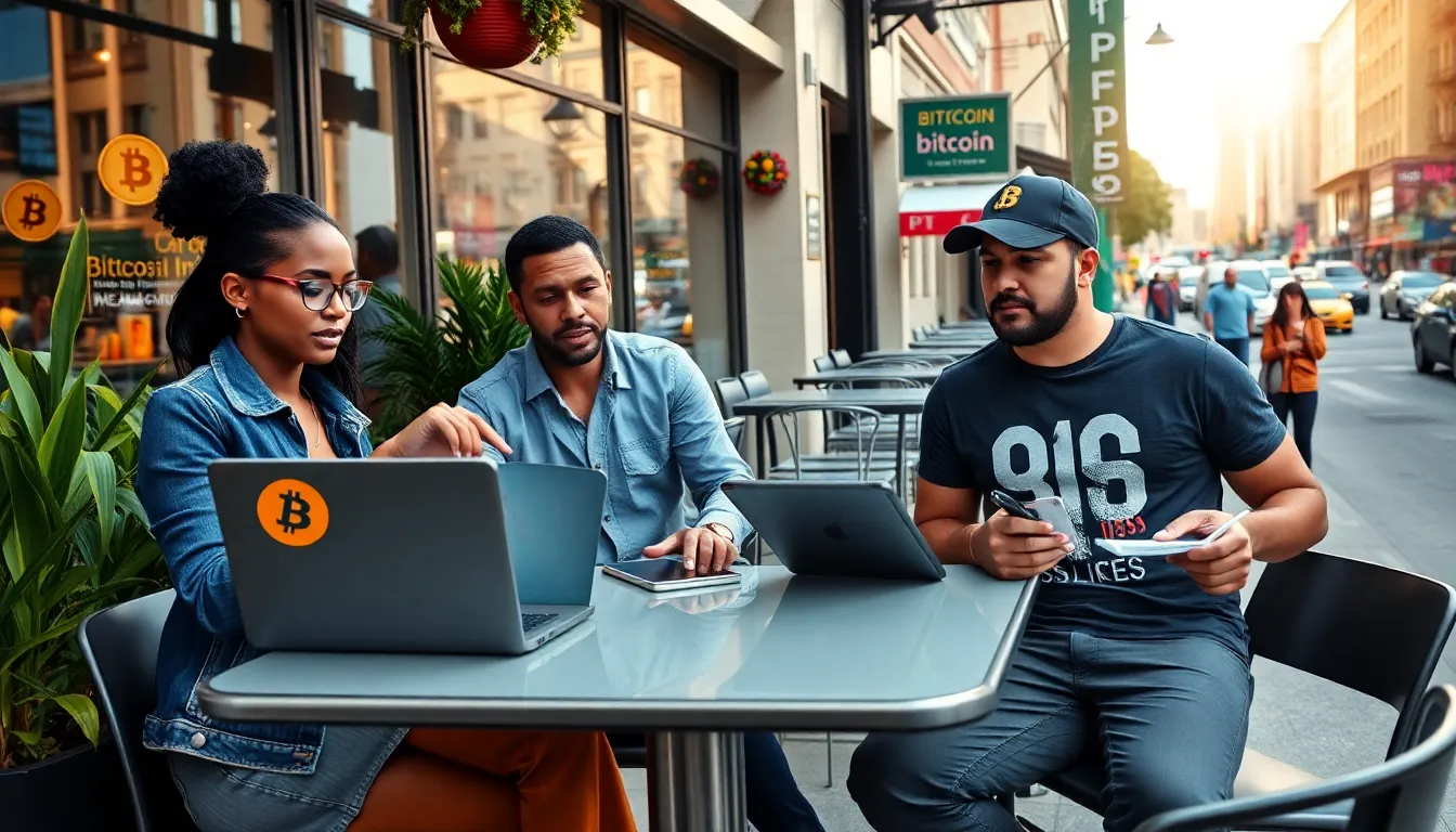 a diverse group discussing Bitcoin and Bitclassic at a café table.