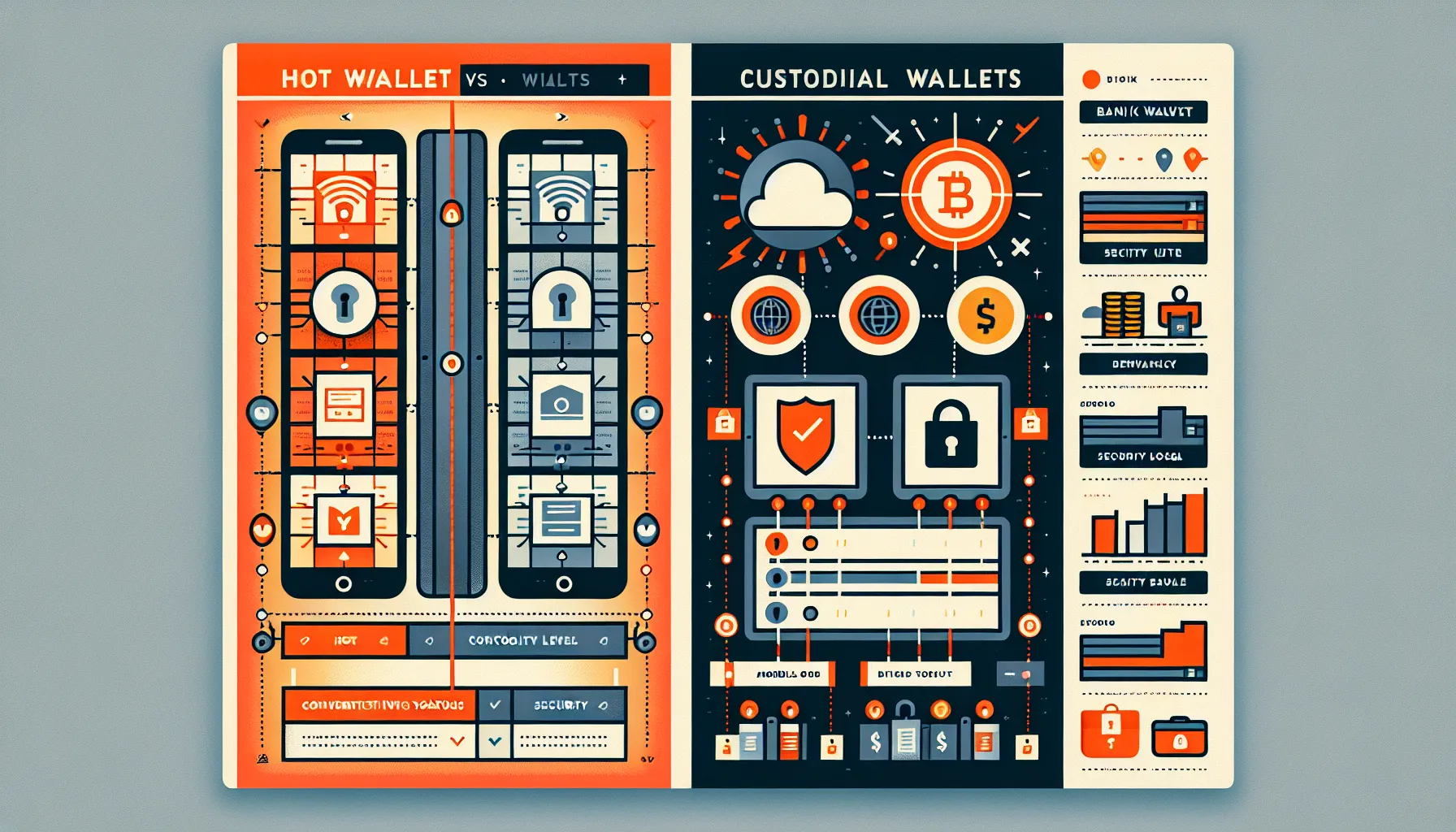 Two-column comparison chart of hot wallets versus custodial wallets for cryptocurrency users.