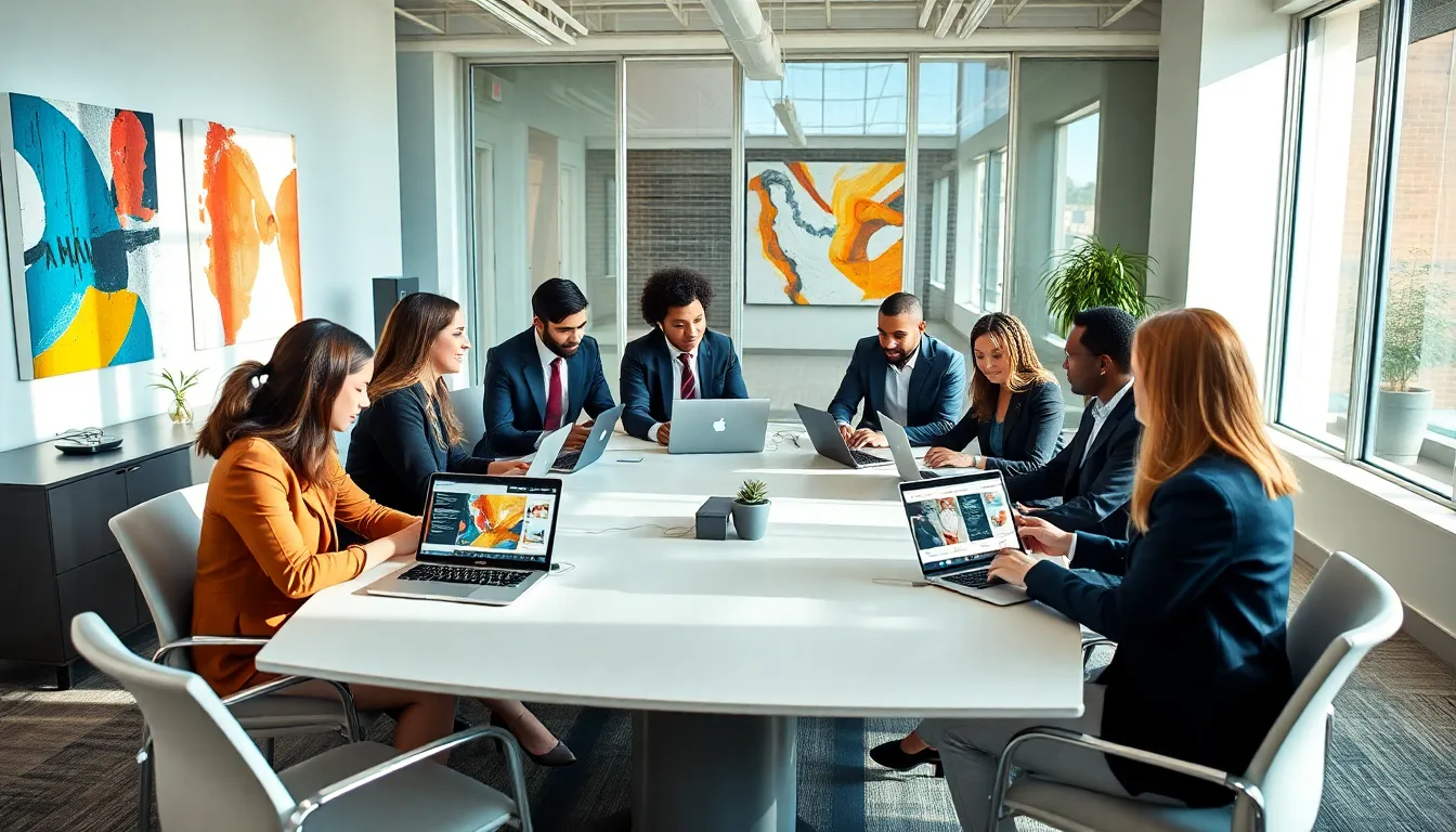 diverse professionals collaborating in a modern office space.