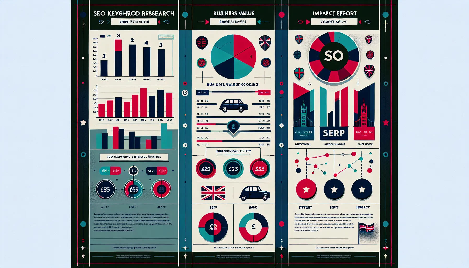 UK infographic prioritising SEO keywords by metrics, business value, and effort.