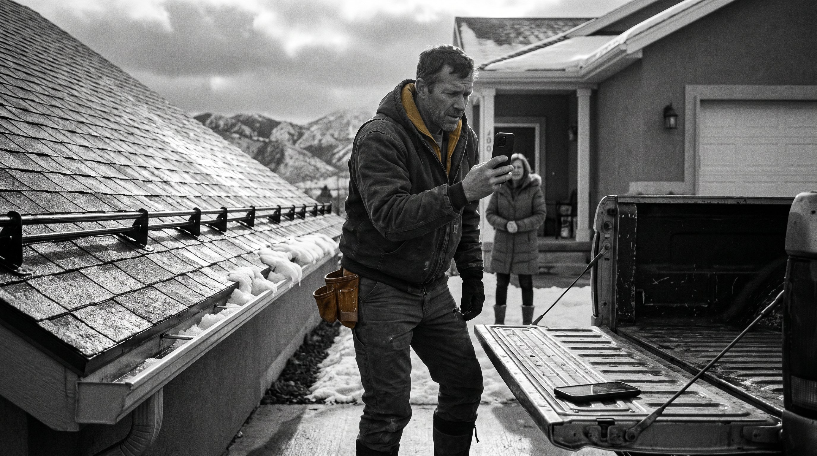 Contractor filming a completed mountain home roof for a marketing campaign.