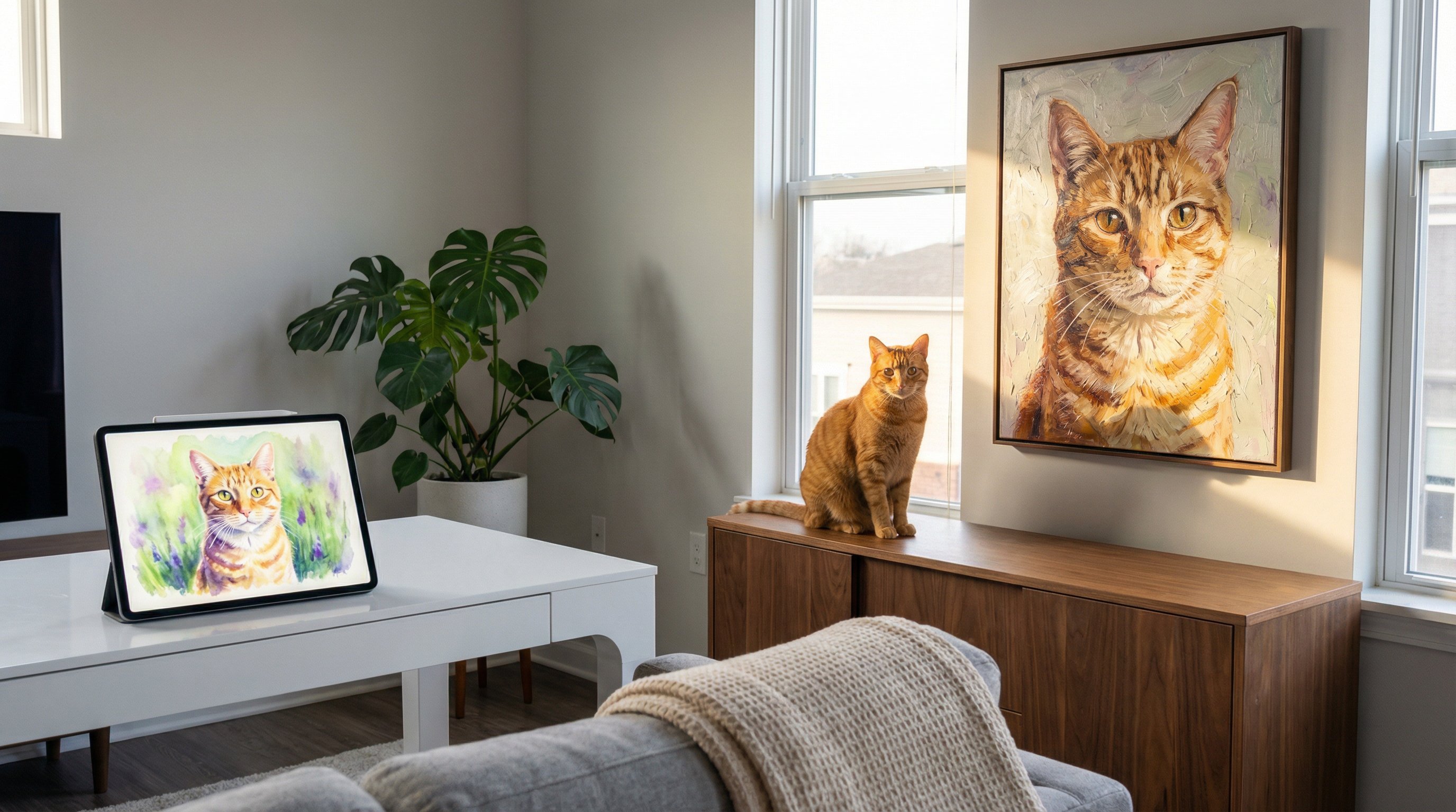 Digital tablet and canvas cat portrait displayed side by side in a living room.