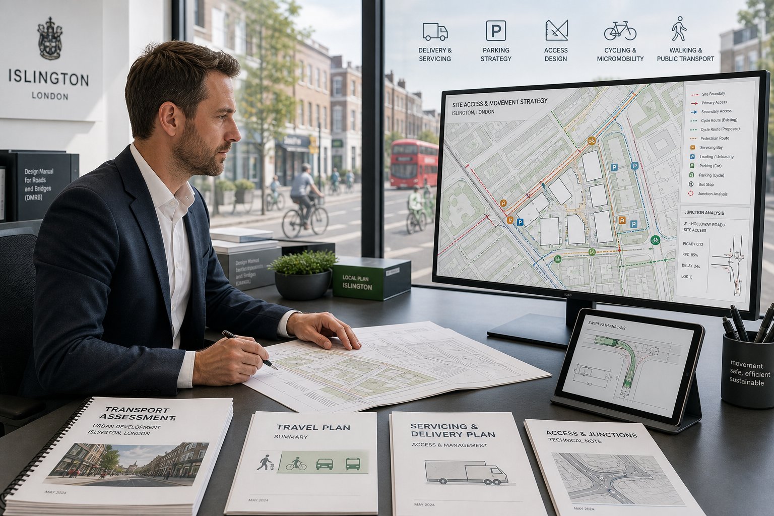 Traffic engineer reviewing transport planning reports in a modern Islington office.