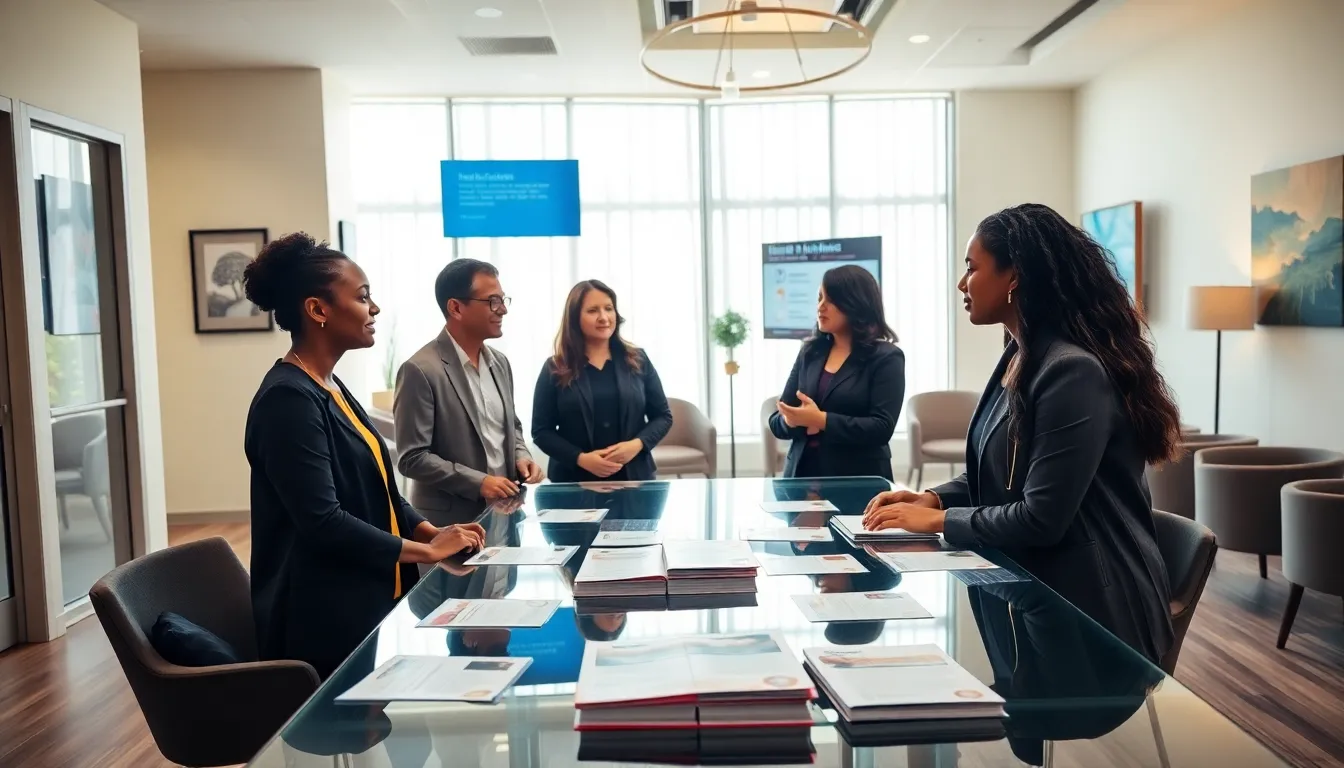 diverse professionals discussing mental health services in a welcoming clinic.