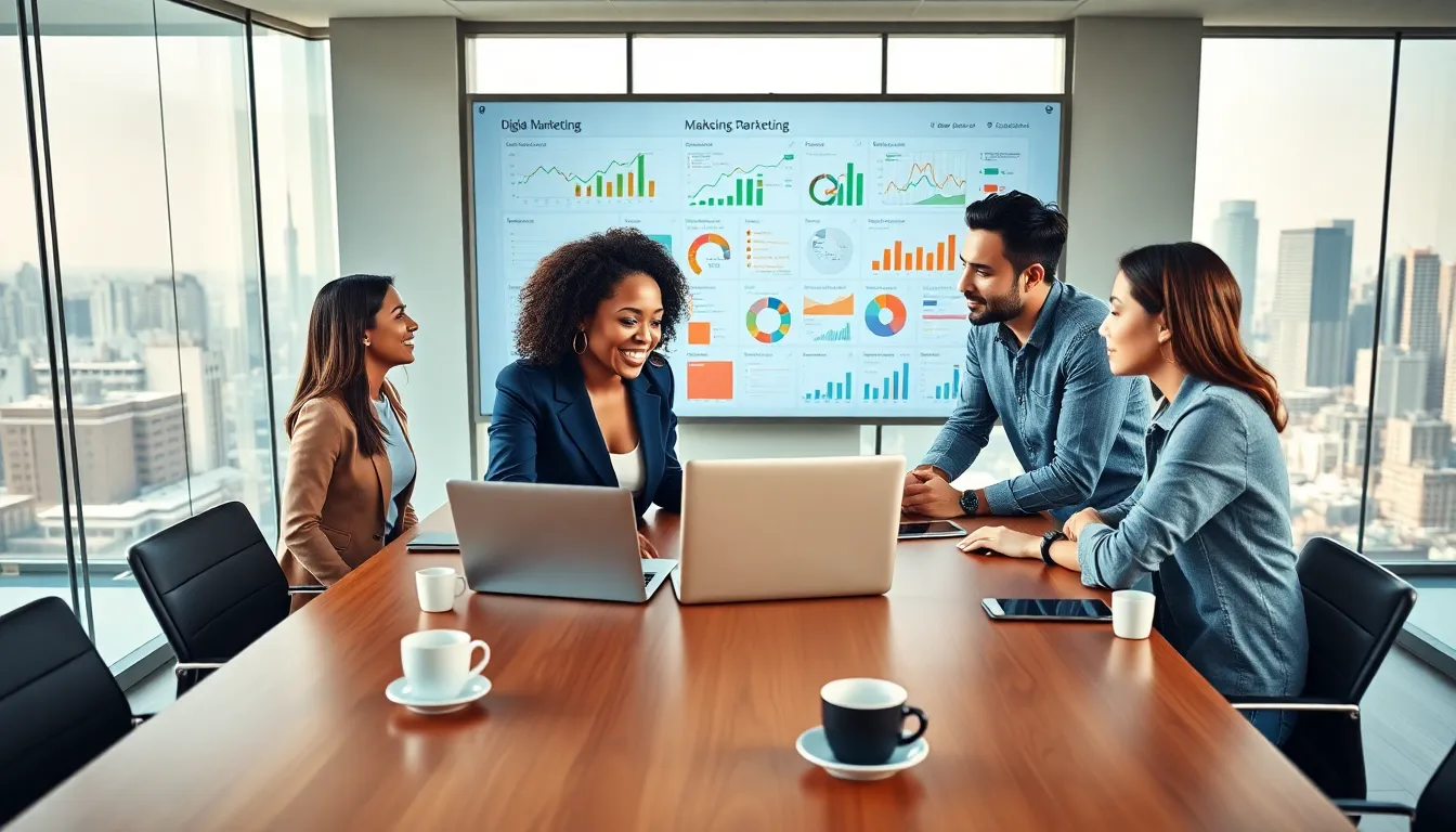 Team discussing digital marketing strategies in a modern office.