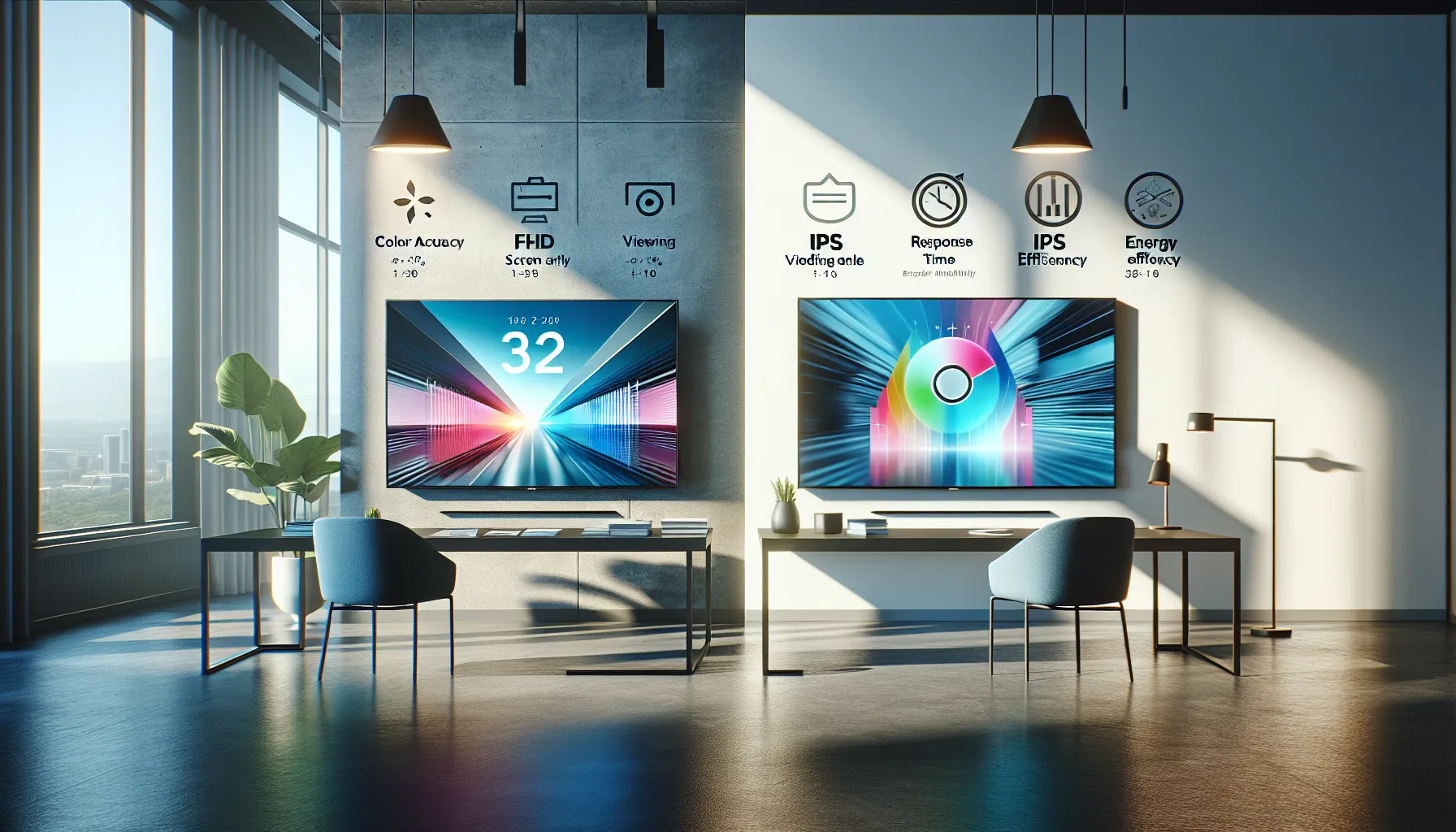 comparison of FHD and IPS displays in a modern office setting.