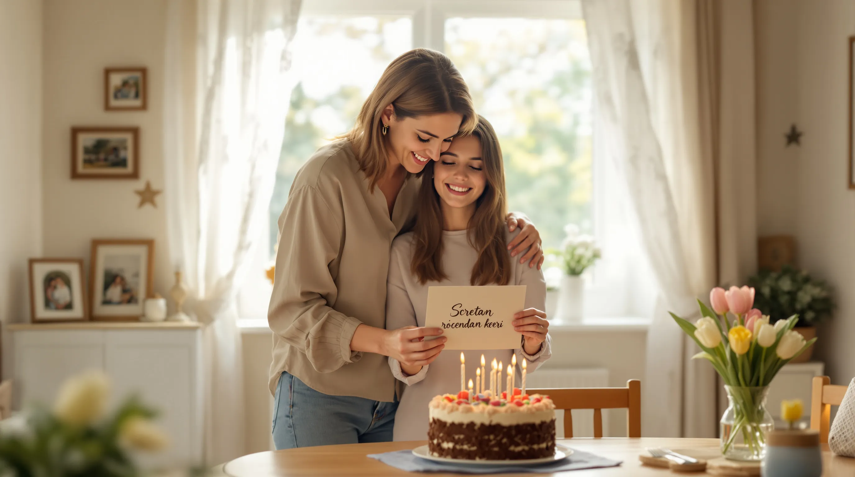 Mother embracing daughter with birthday card reading 'Sretan rođendan kćeri'.