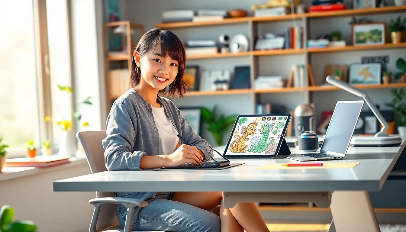 Artist creating digital art in a modern workspace.