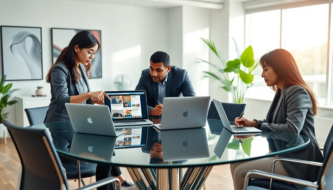 team discussing blog upgrade strategies in a modern office.