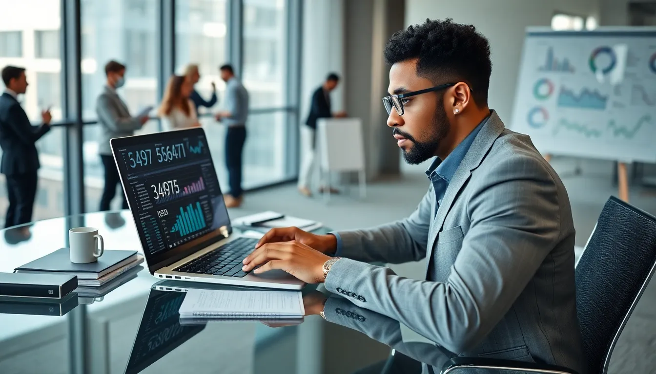 data analyst reviewing metrics related to 3497656467 in a modern office.