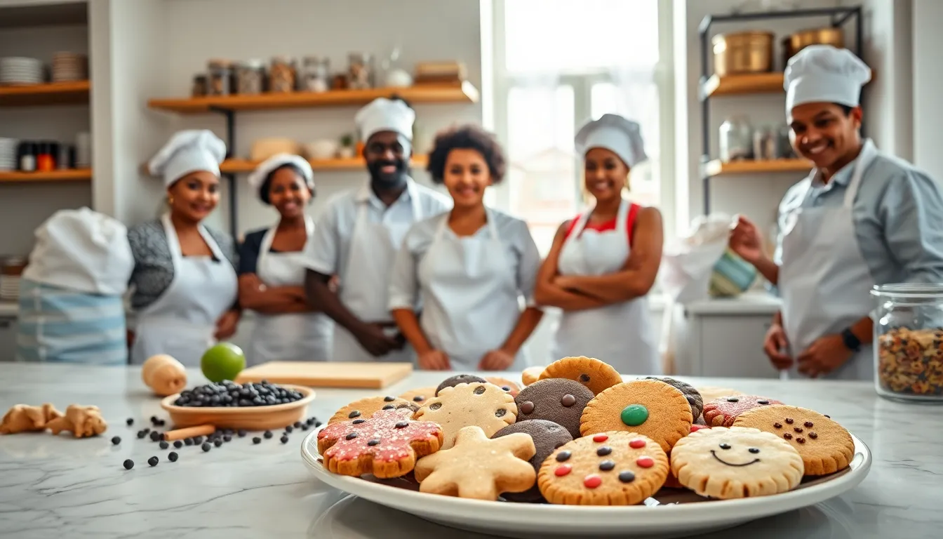 diverse bakers creating unique cookies in a modern kitchen.
