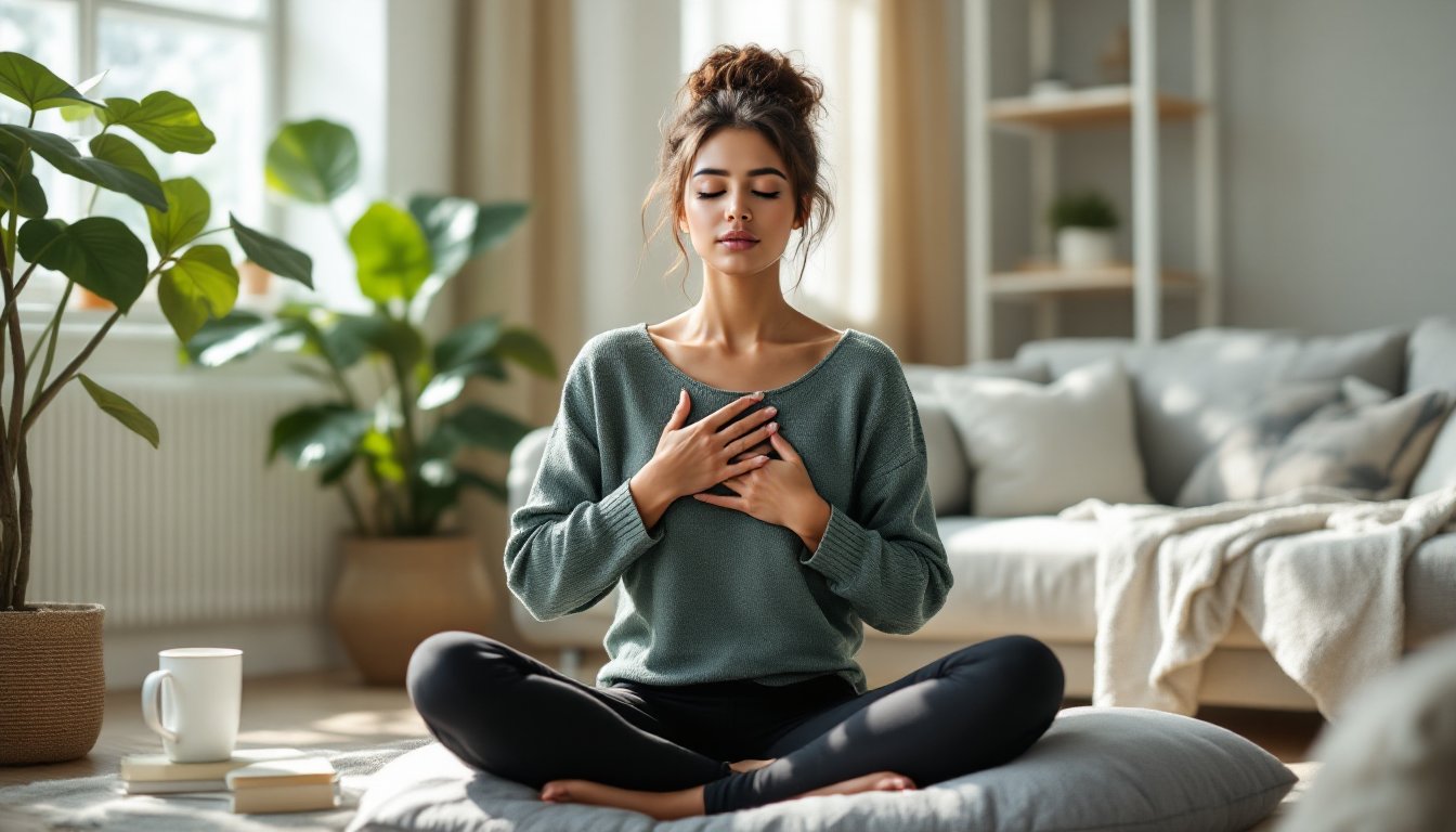 Woman practicing slow breathing exercises on a cushion in a sunlit living room.