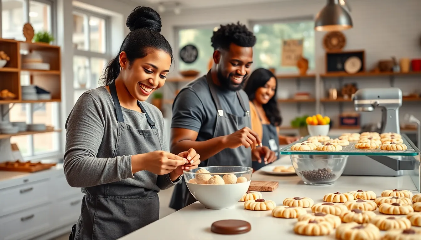 a team baking cookies in a modern, welcoming bakery setting.