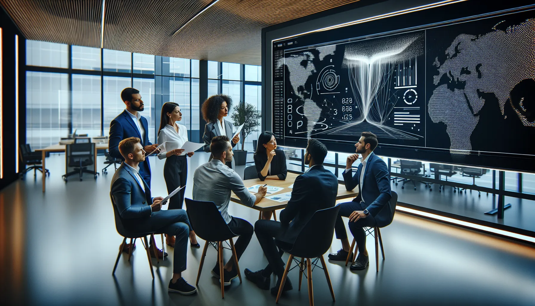 diverse team analyzing numbers in a modern office setting.