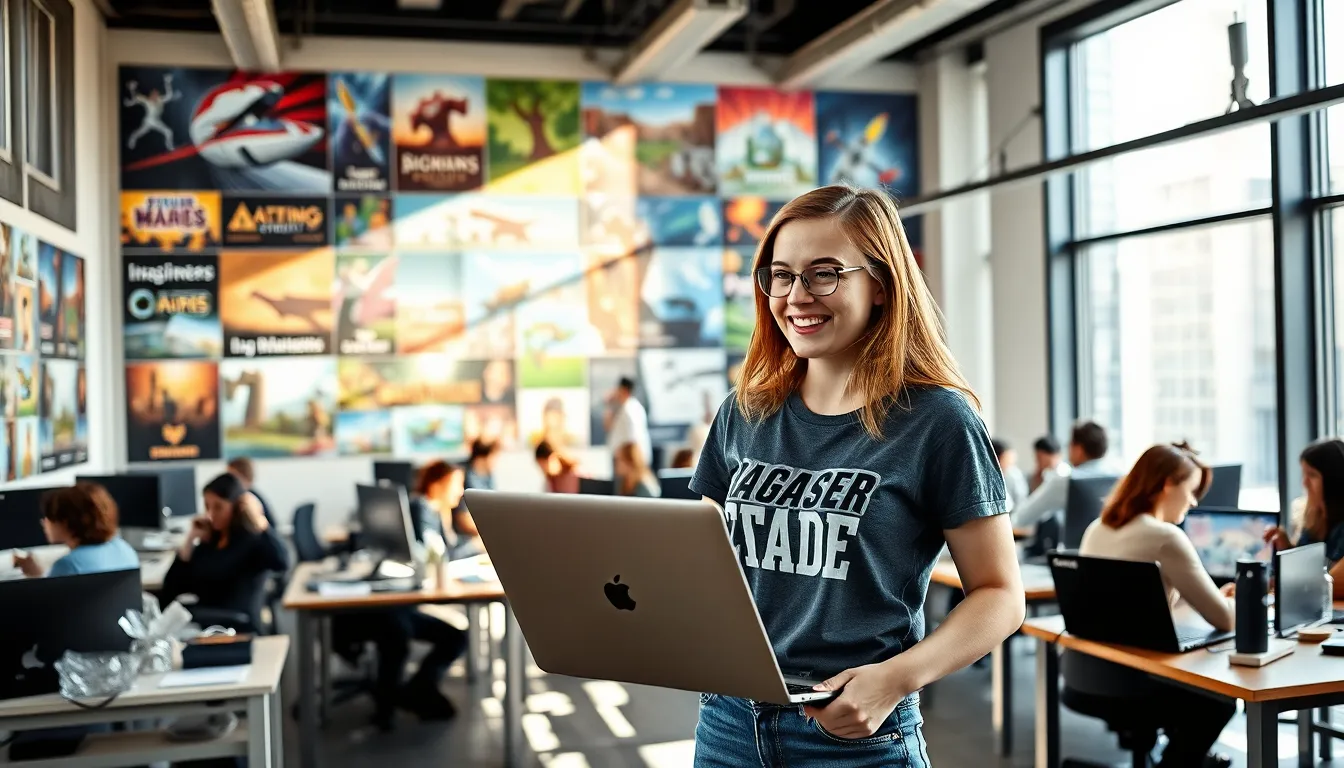 a young woman discussing game design in a vibrant office setting.