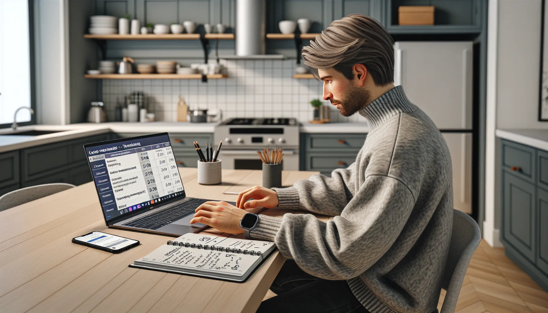 Norwegian student planning an online course schedule and goals at a kitchen table.