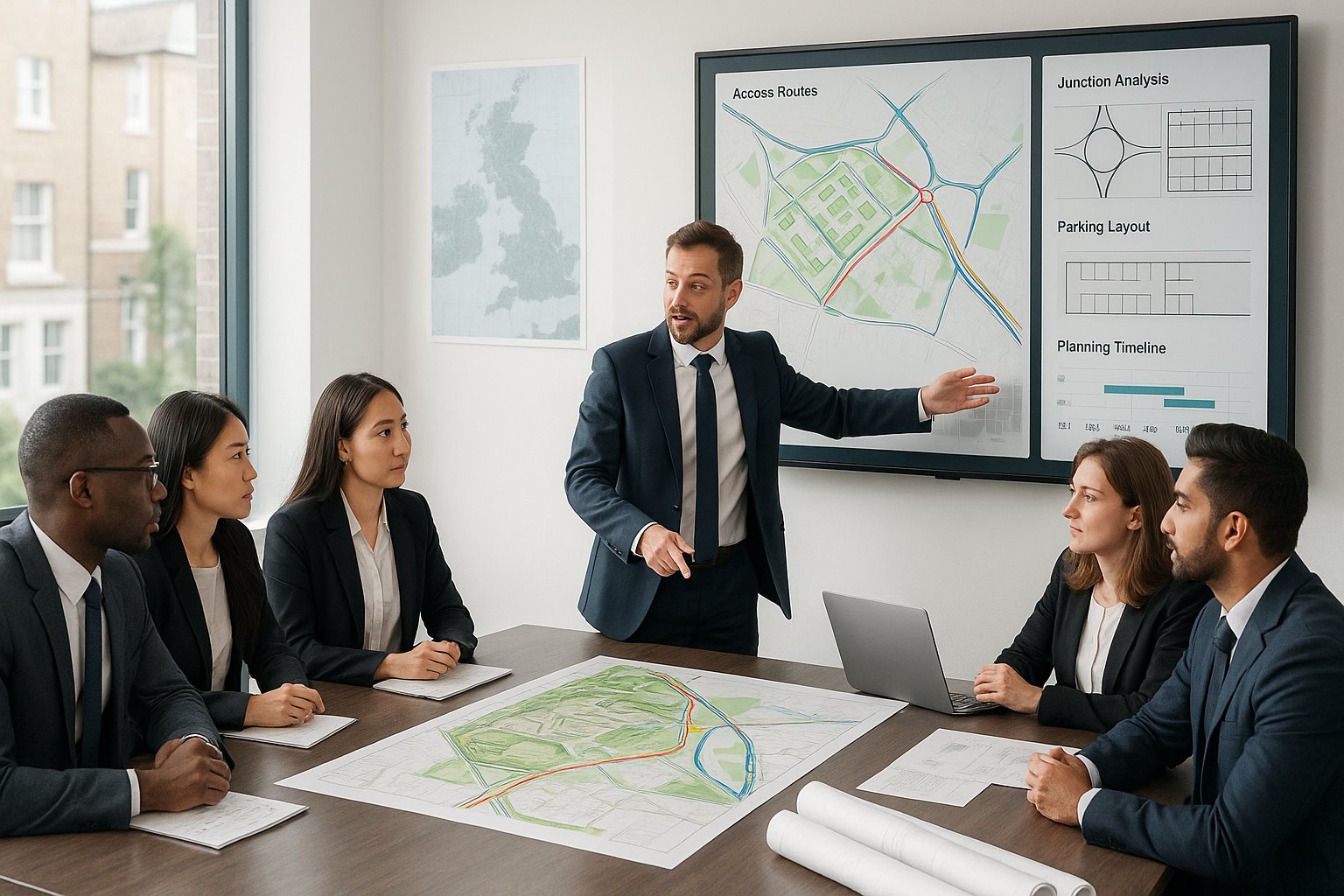 Transport planning consultants reviewing site plans early in a modern UK office.