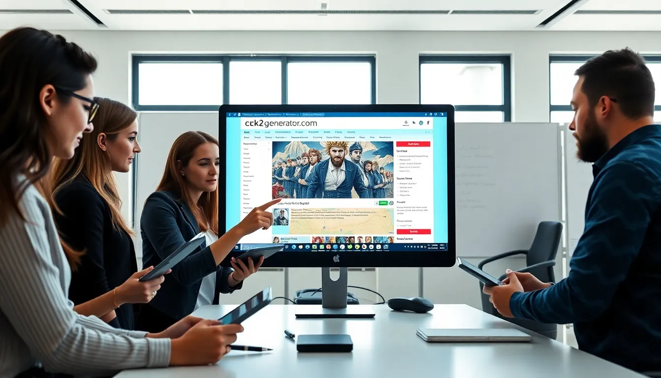 diverse team collaborating over the ck2generator.com website in a modern office.
