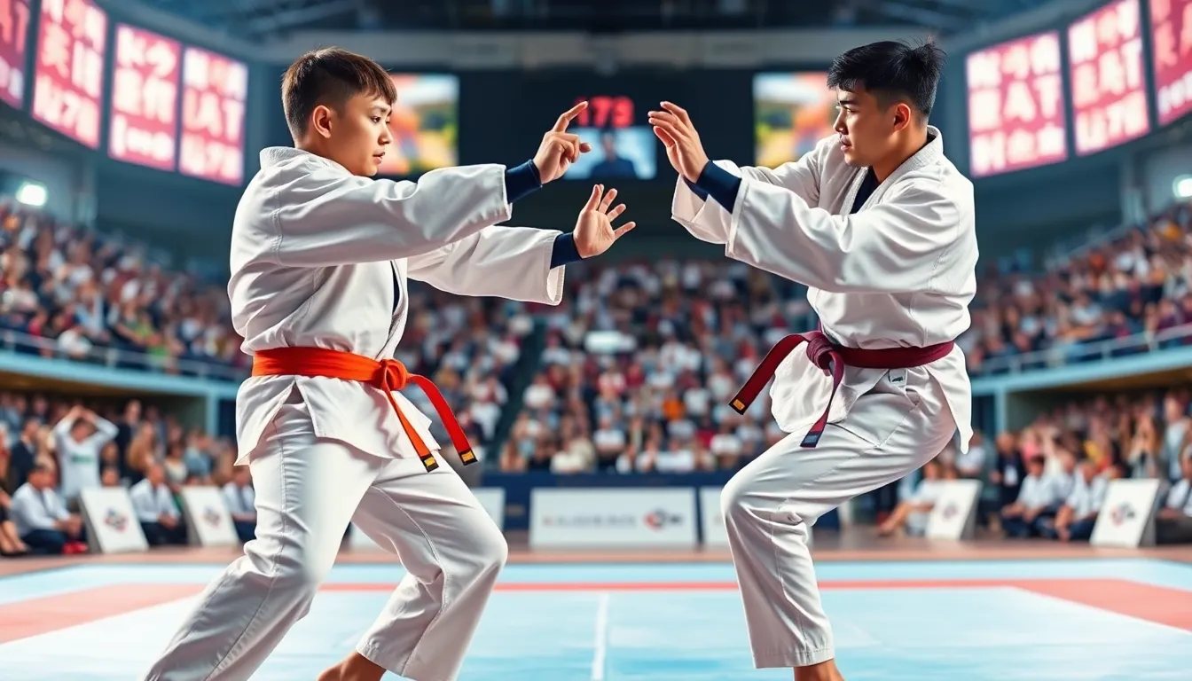 Two taekwondo fighters engaging in a match on a competitive mat.