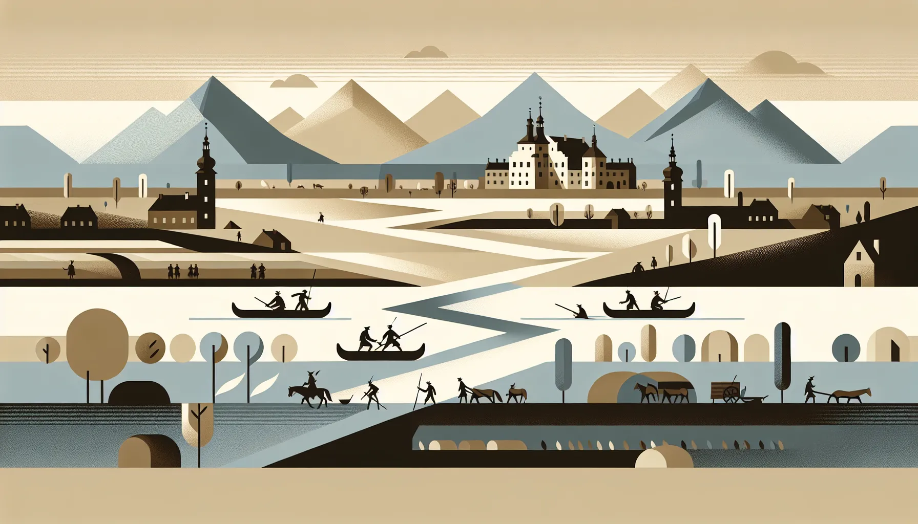 Minimalist illustration of 18th century Slavonian countryside with peasants and river landscape.