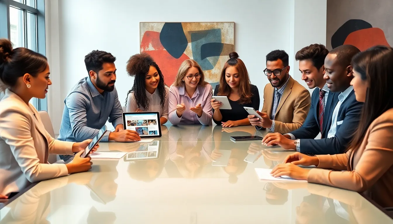 diverse professionals in a modern workspace collaborating over digital content.