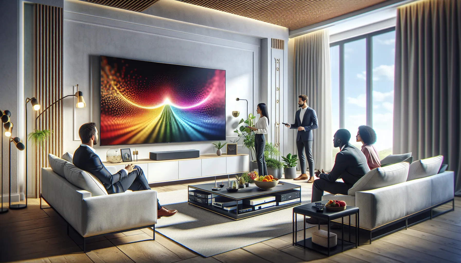 modern living room with Zo35-G25Da74 TV and diverse professionals discussing.