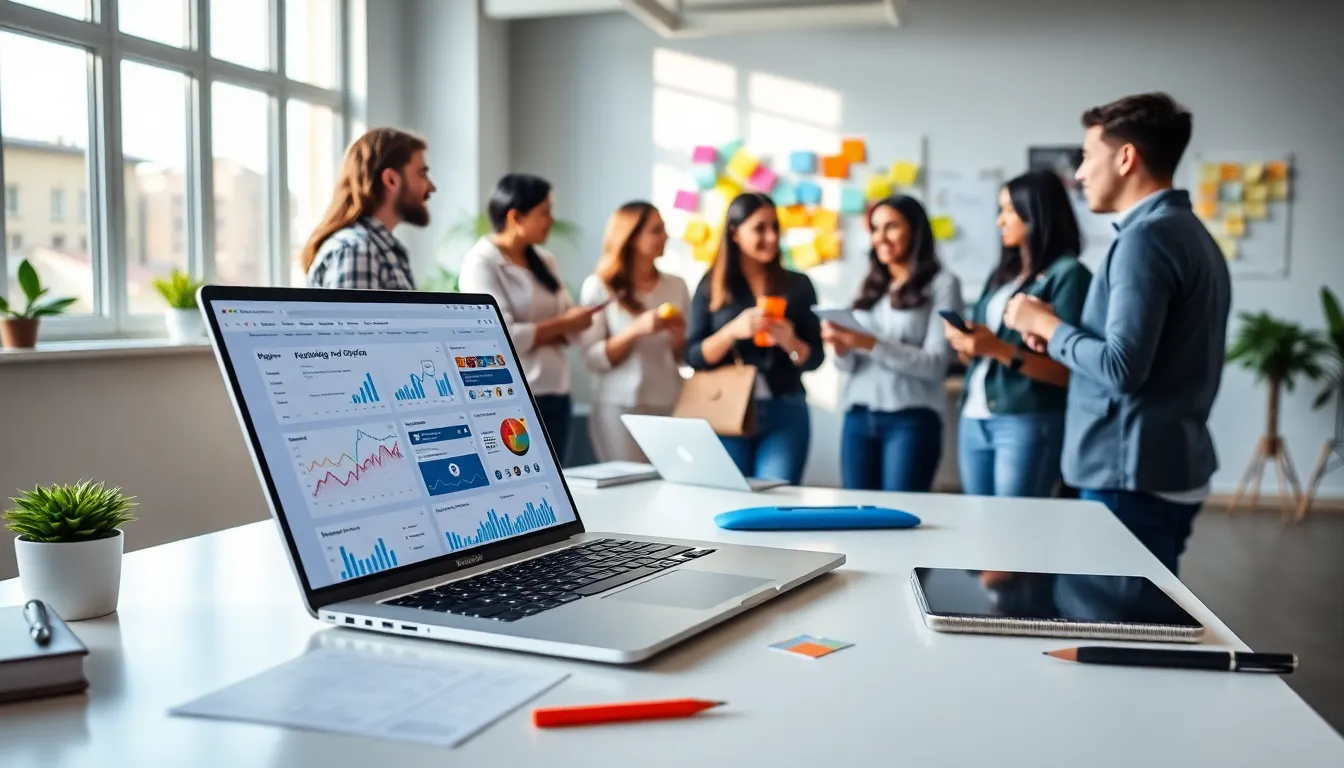 diverse team collaborating in a modern workspace.