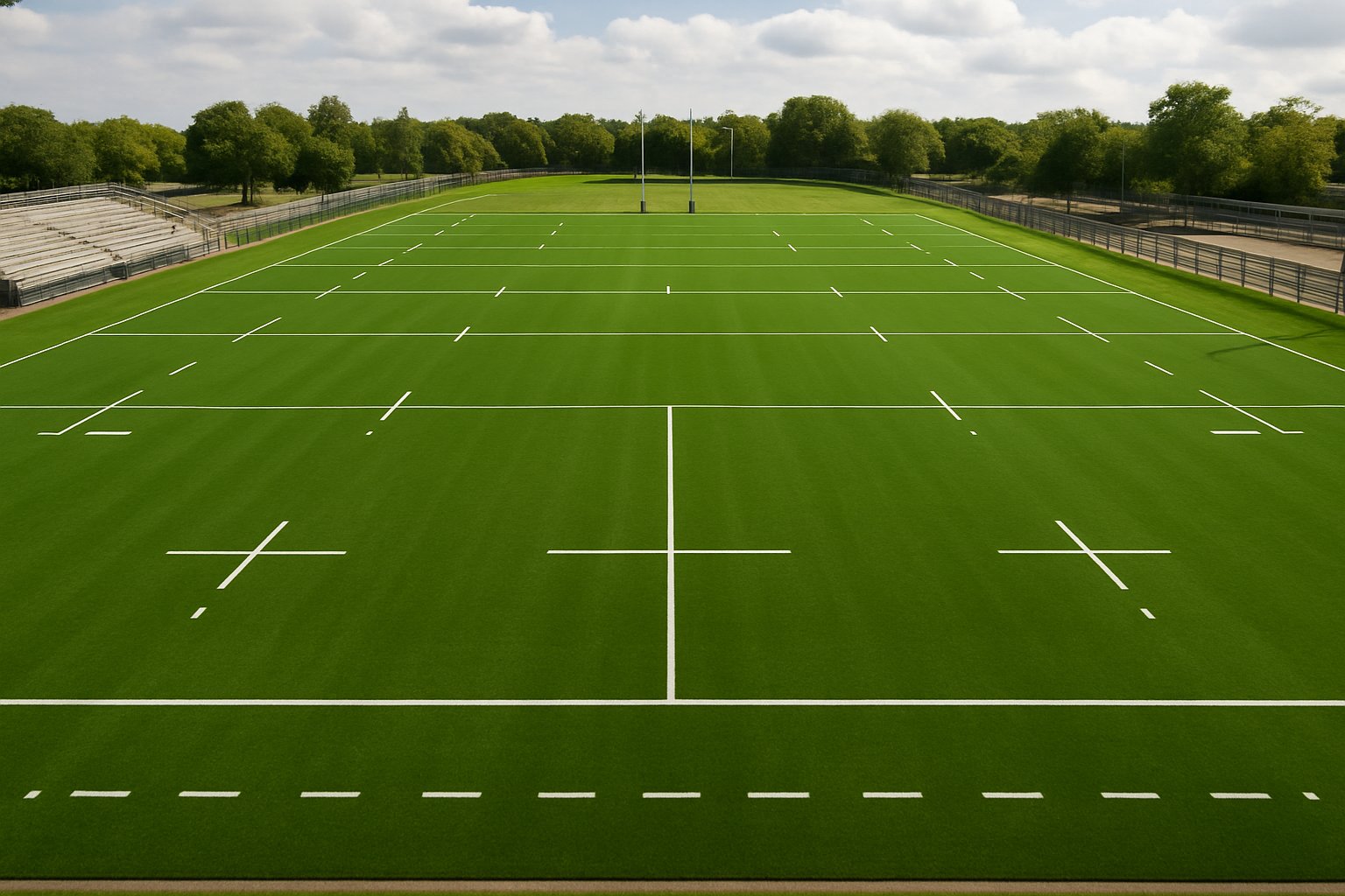 Aerial view of a regulation rugby pitch with H-shaped goalposts and white field markings.