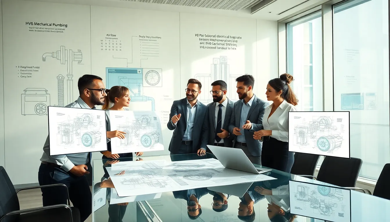 diverse team collaborating on mechanical systems in a modern office.