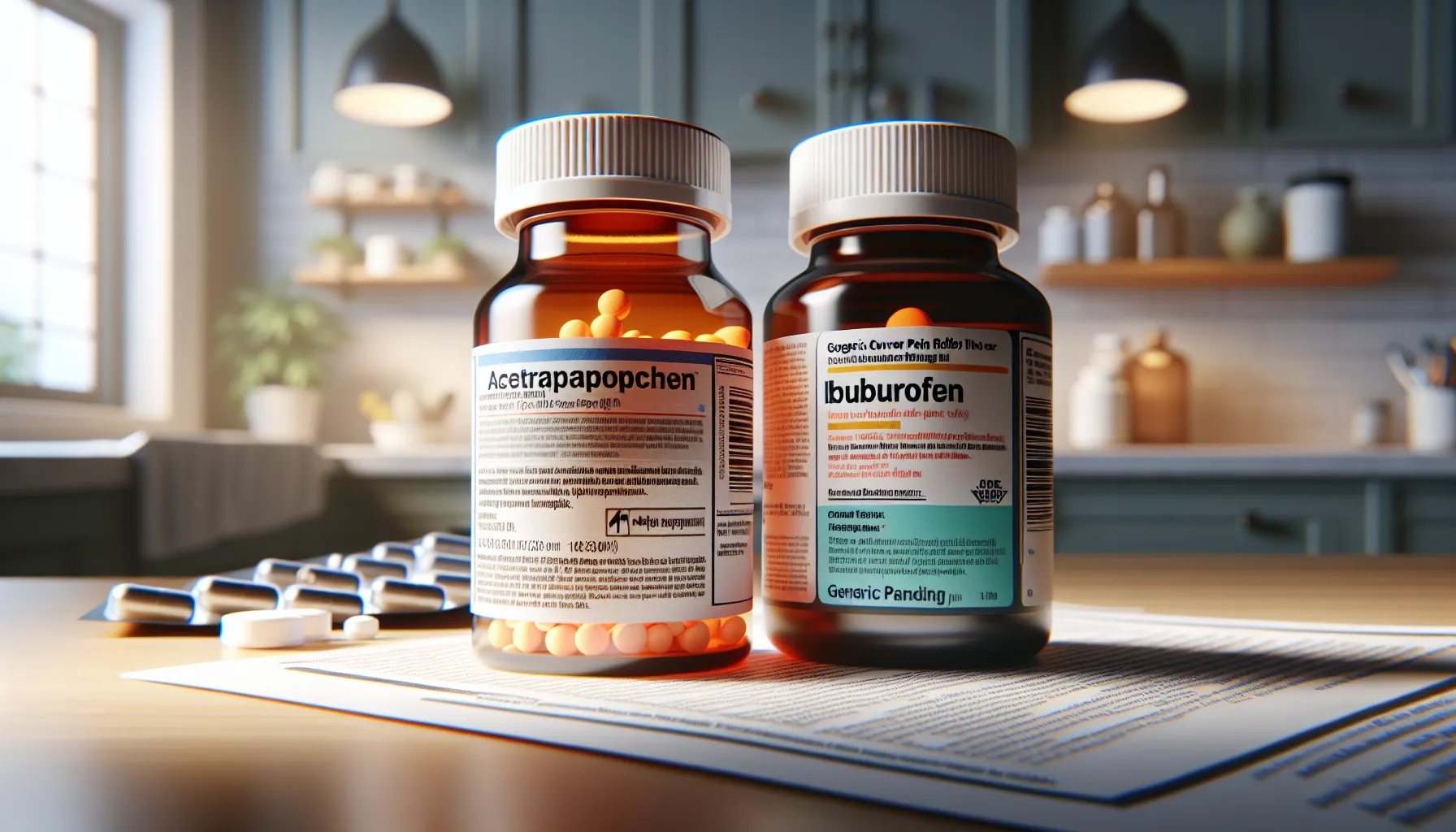 Two medicine bottles—Tylenol and Advil—side by side on a kitchen counter.