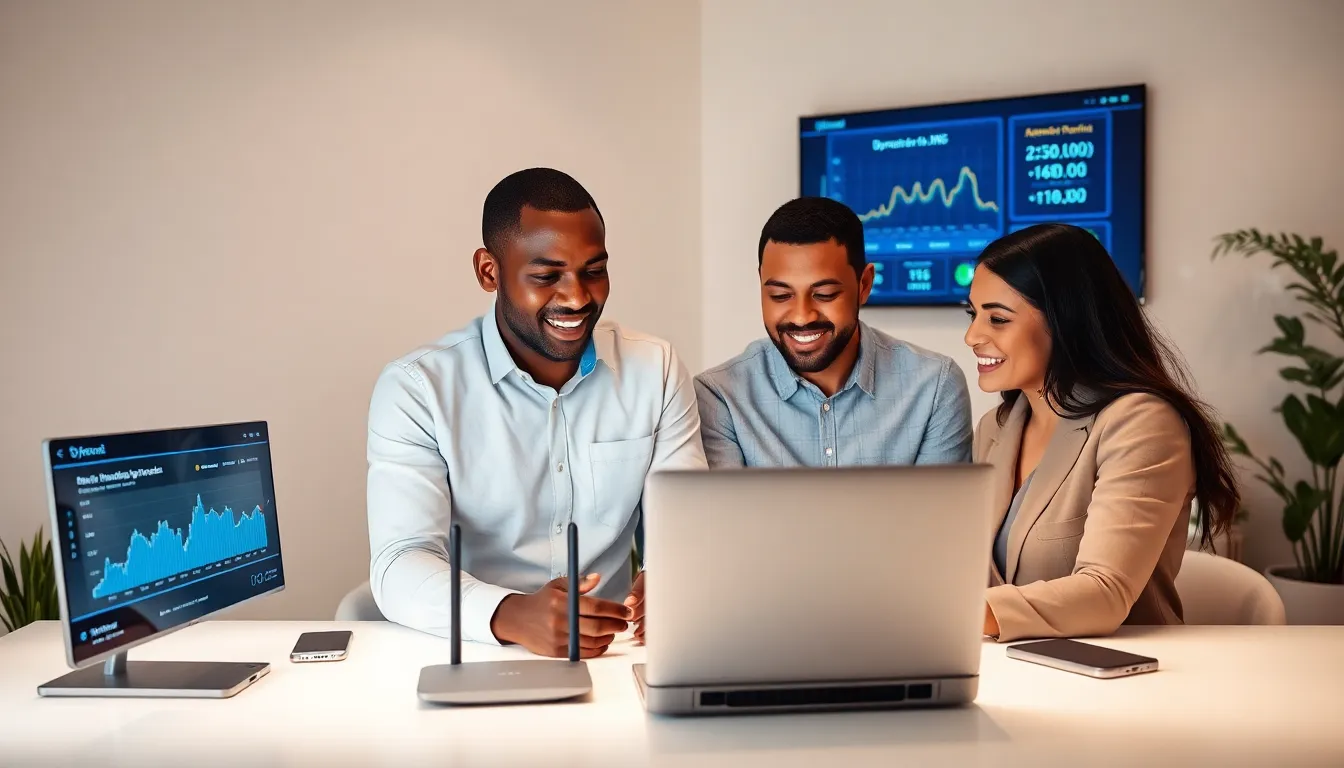 professionals working on dynamic DNS service in a modern home office.