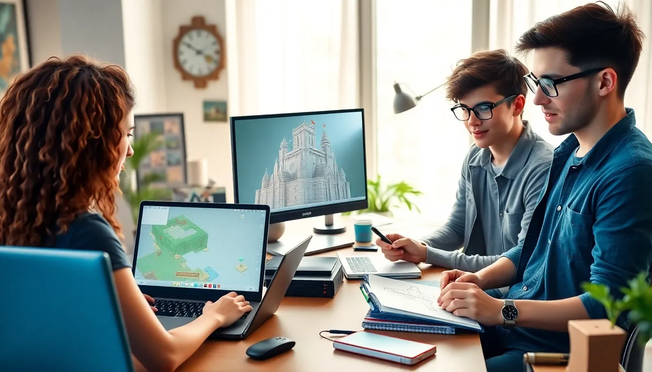 diverse gamers collaborating on a Minecraft project in a modern office.