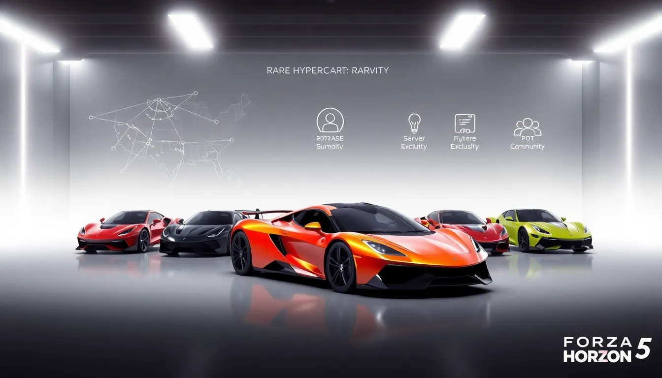 Display of rare cars from Forza Horizon 5 in a modern gaming setting.
