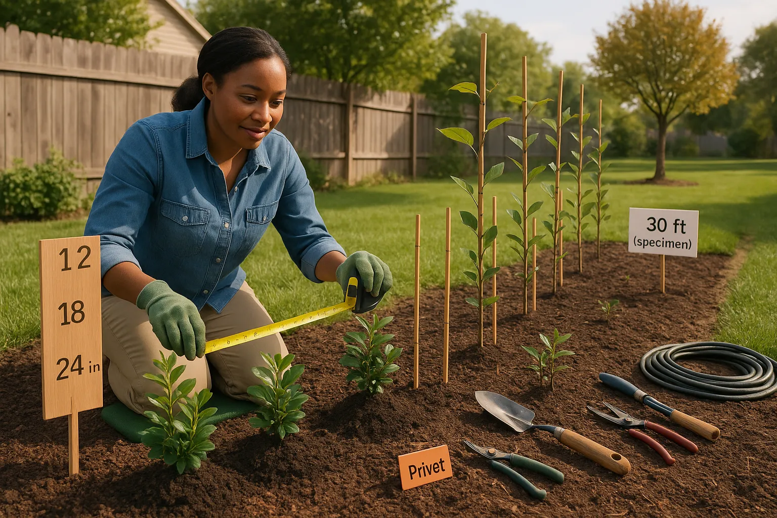 Gardener measuring spacing between privet shrubs and widely spaced beech saplings.