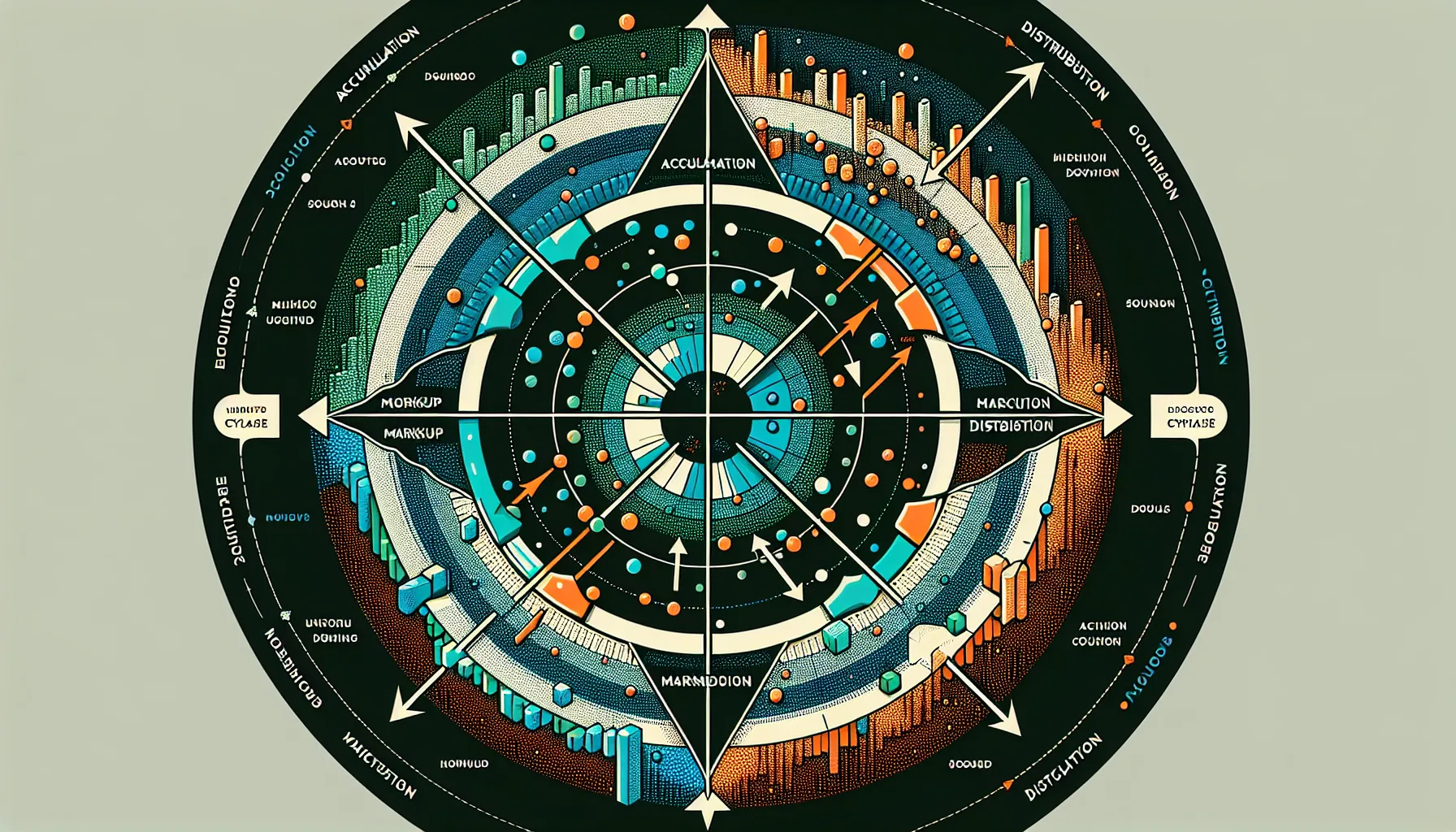 Circular diagram showing four phases of crypto market cycles with color-coded segments.