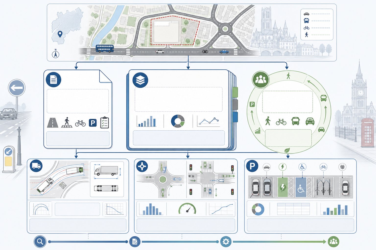 Traffic planning infographic showing key reports, junction checks, swept paths, and parking review.
