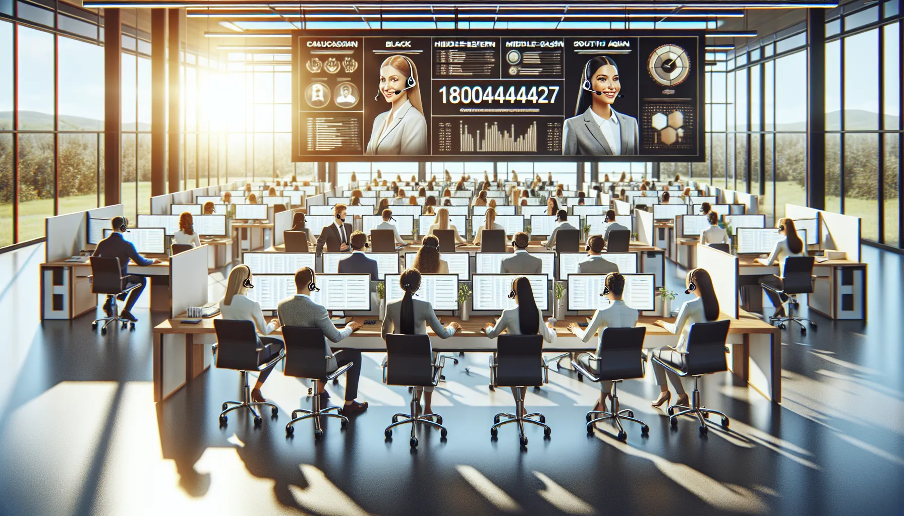 diverse customer service team in a modern call center.