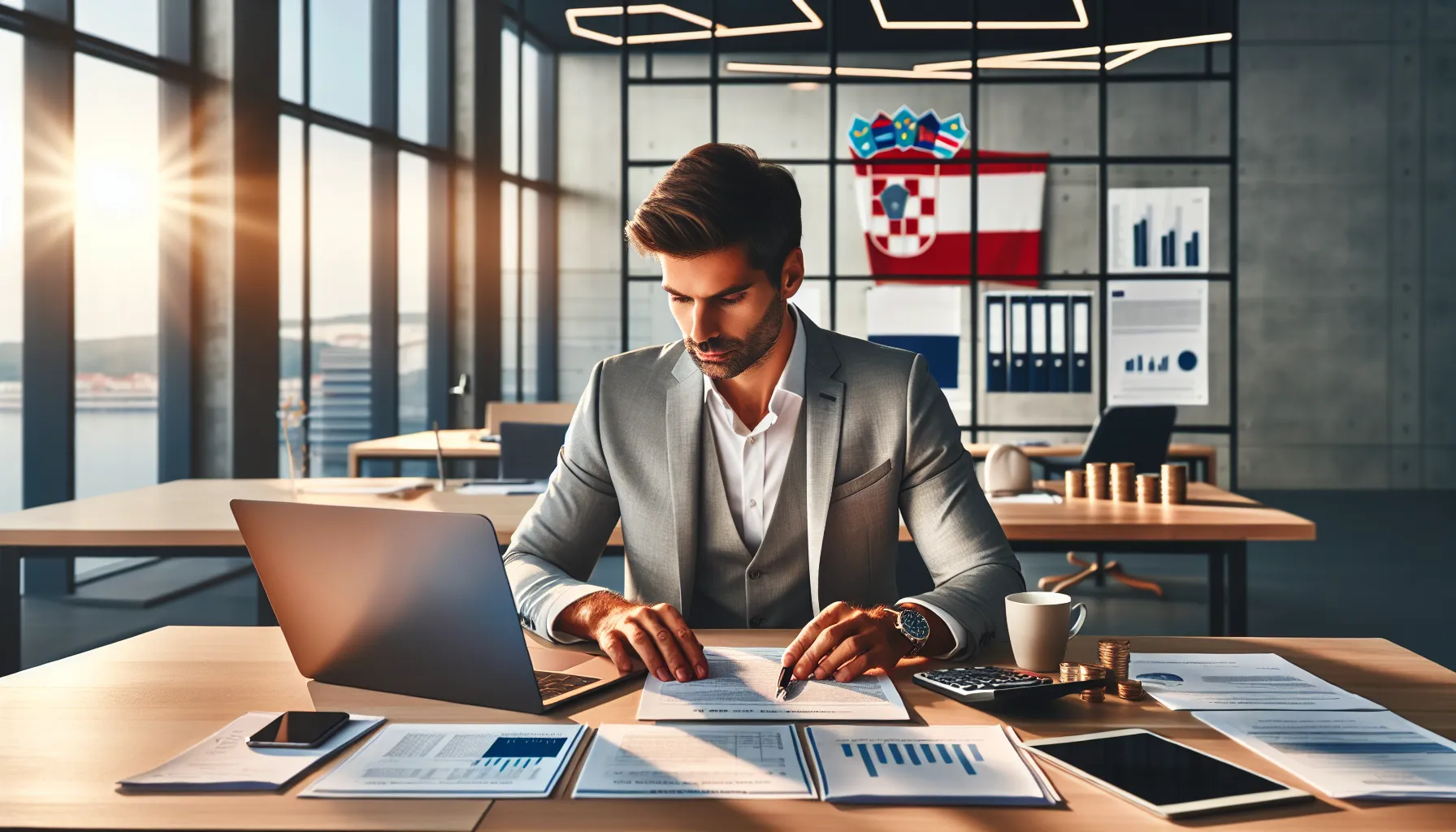 Croatian entrepreneur managing finances and cash transactions at modern office desk