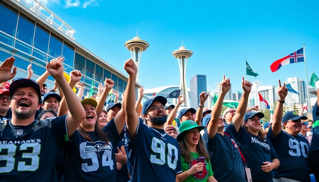 diverse fans cheering at a Seattle sports game.