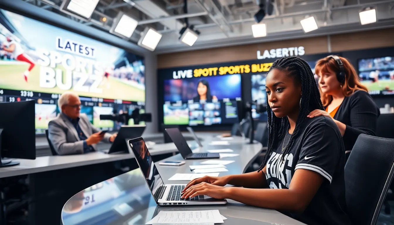 a diverse sports newsroom with journalists covering live sports events.