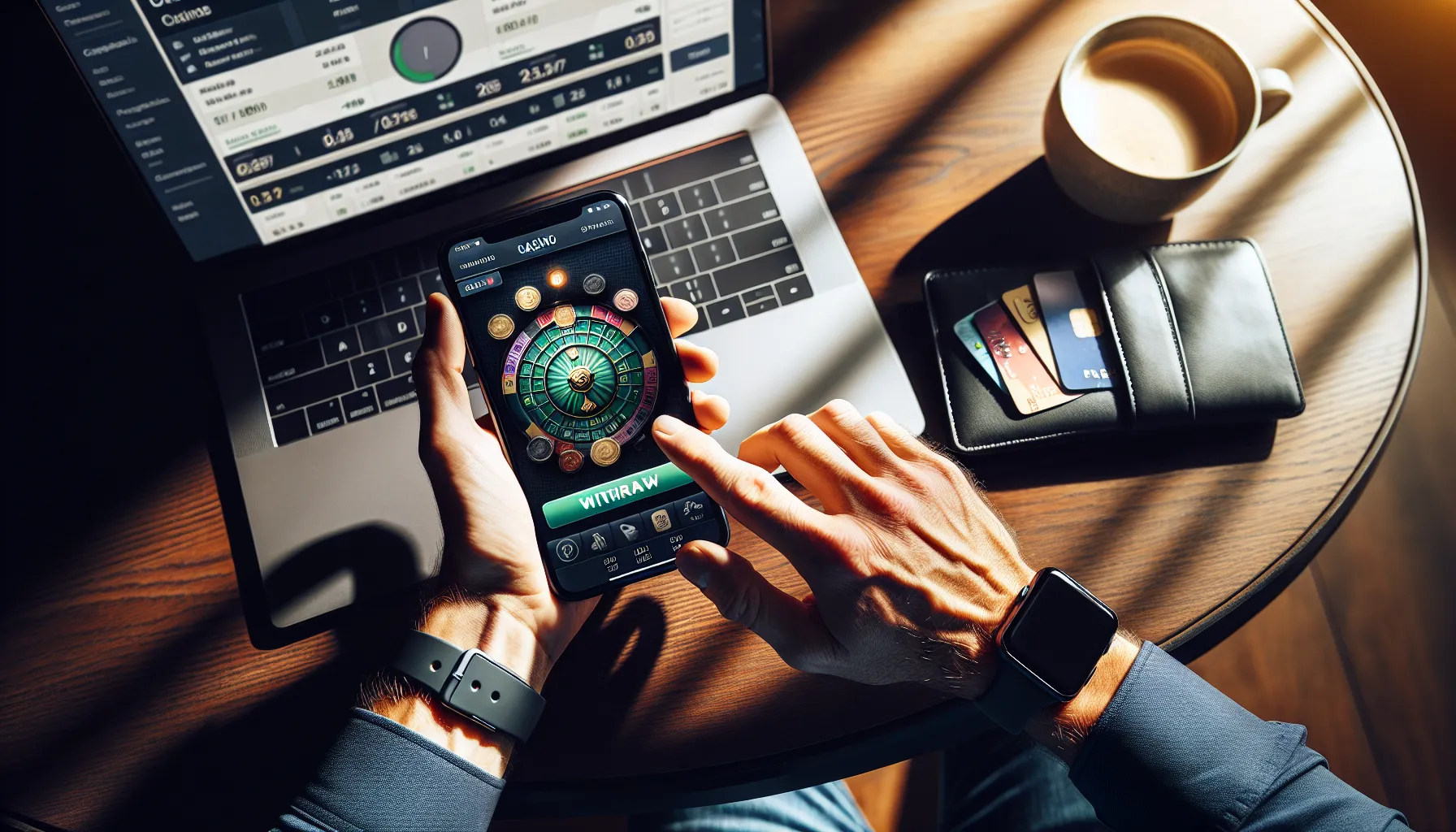 Man using smartphone casino app and laptop to manage fast withdrawal transactions.