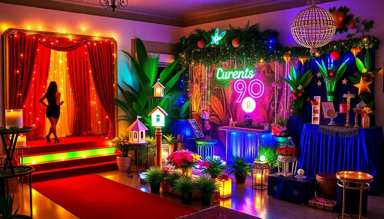 decorated Sweet 16 party featuring multiple themes at home.