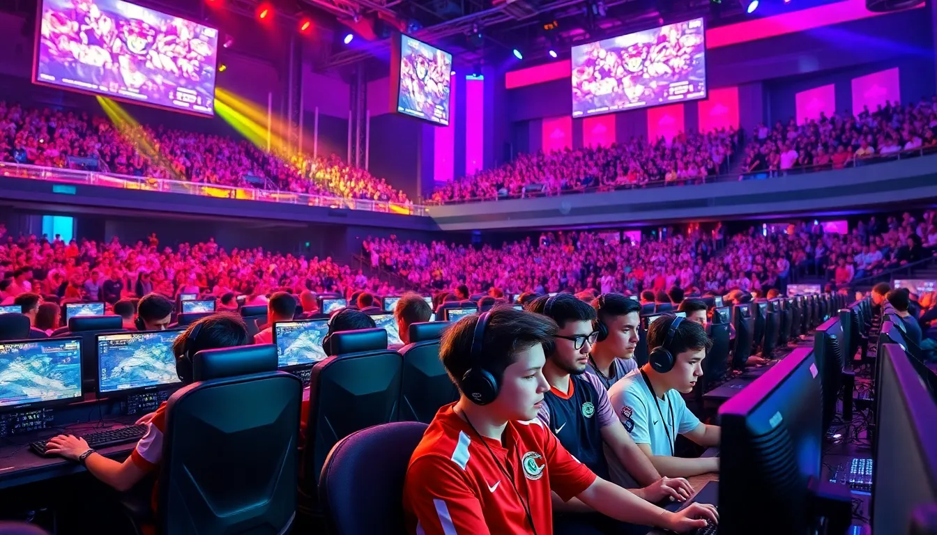 competitive esports arena with focused gamers and cheering audience.