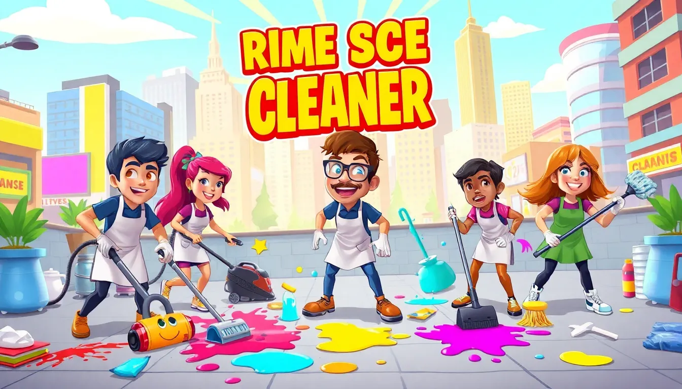diverse characters cleaning a humorous crime scene in a cartoonish game.