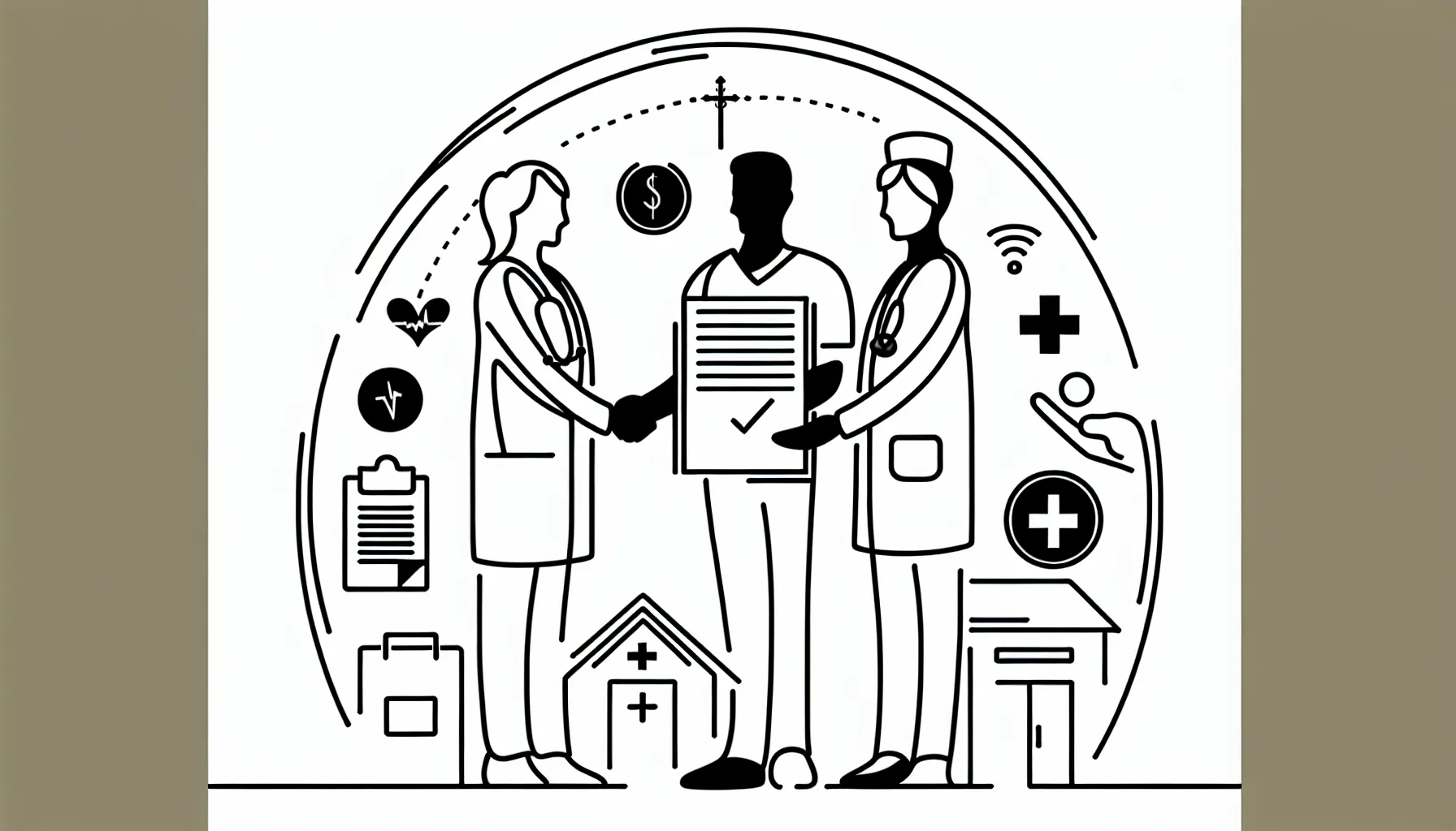 Two veterinarians shaking hands with clinic silhouette and partnership icons of Veterinary Partnership Basics.