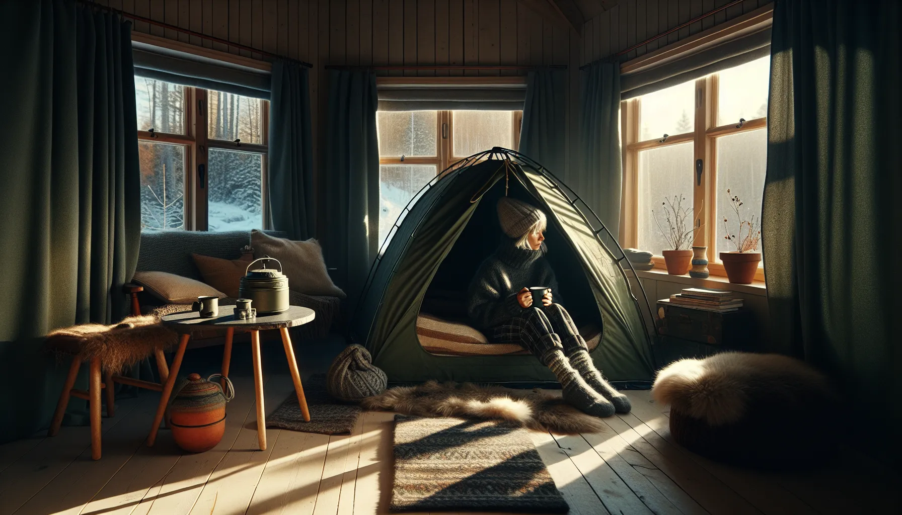 Tips for å holde varmen i hjemmet uten å bruke strøm 3 Woman in a sunlit living room tent to keep warm without electricity.
