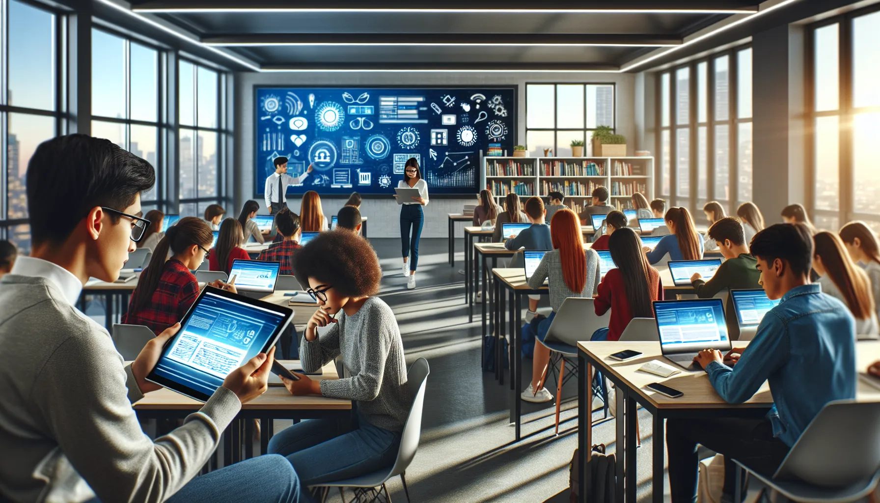 students engaging with technology in a modern classroom setting.