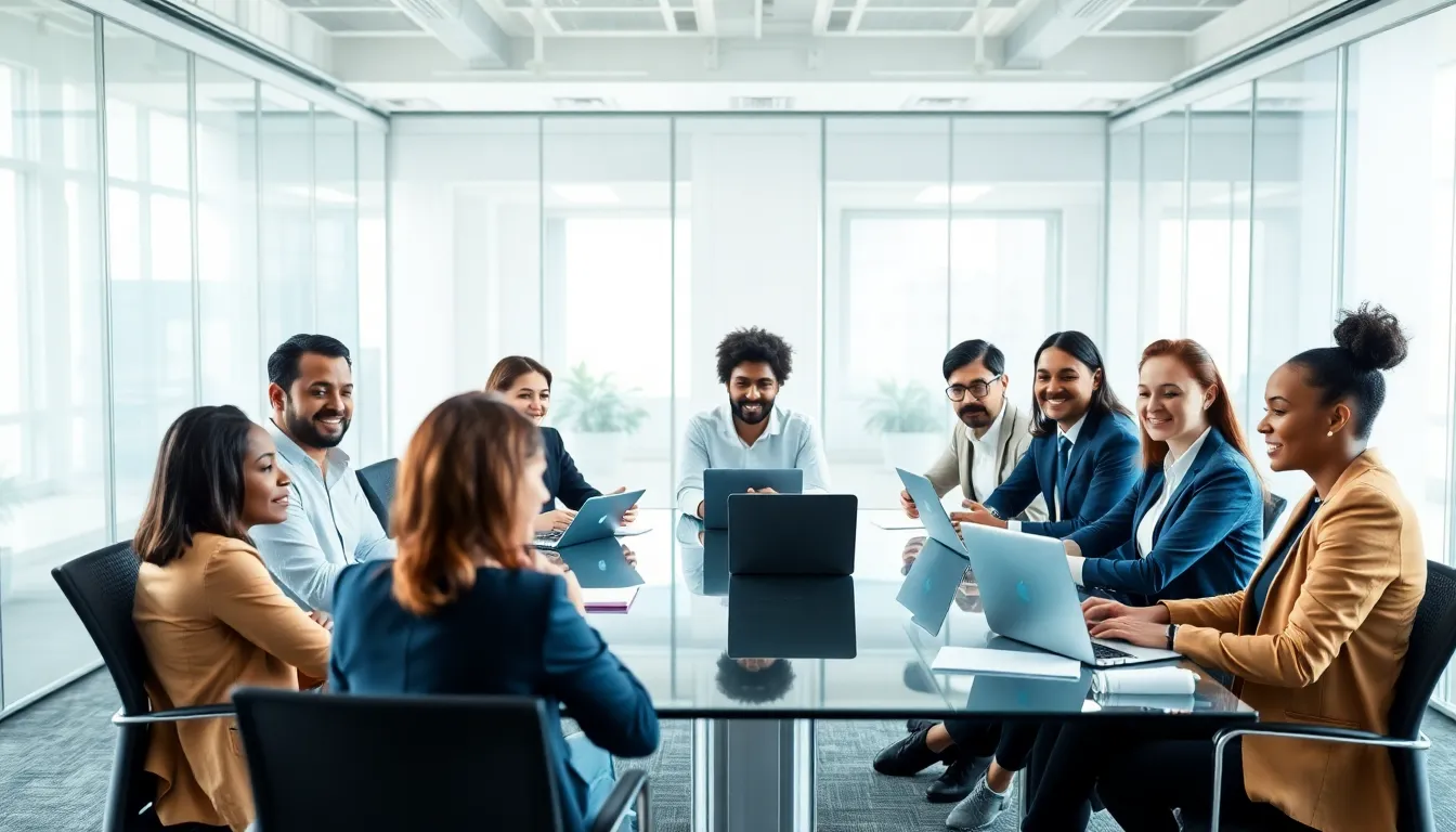 diverse professionals collaborating in a modern office setting.