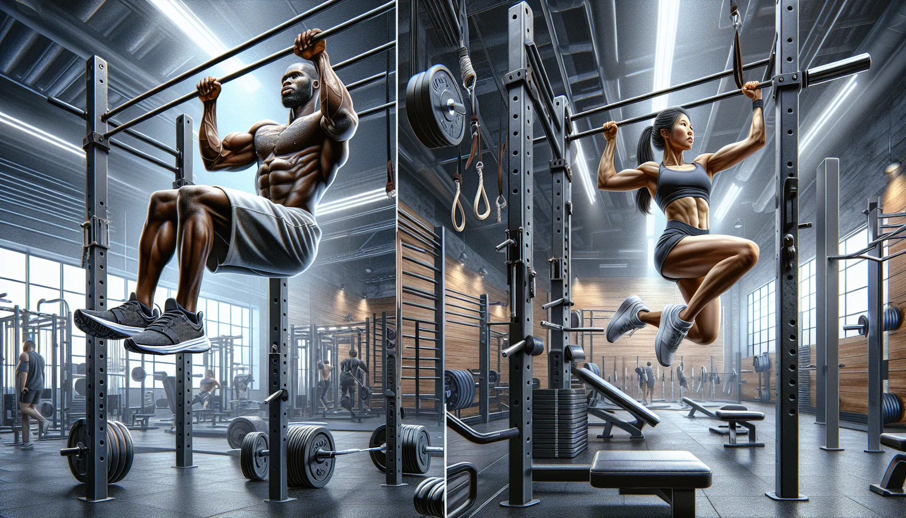 Two individuals in a gym performing pull-ups and deadlifts.